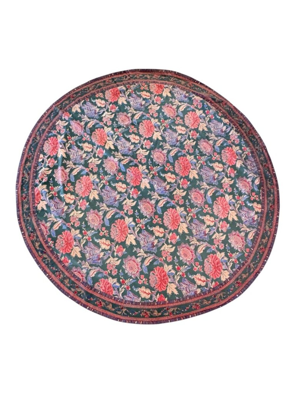 Vintage Jacobean Floral Round Tablecloth – Forest Green & Pink English Country